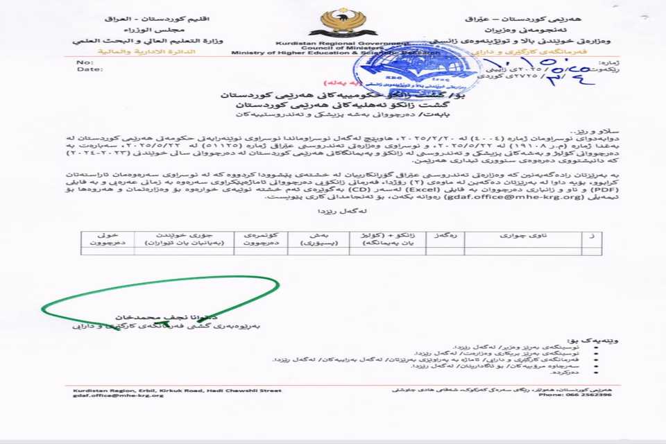 وەزارەتی خوێندنی باڵا، داوای زانیاری دەرچووانی بەشە پزیشکی و تەندروستی یەکان دەکات